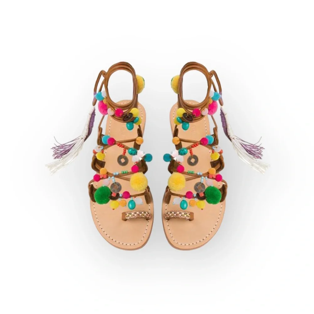 VHTF: new Mystique x Anthro 𖦹 Tokyo Pom Pom Ankle Wrap Toe Loop Leather Sandal - Picture 14 of 16